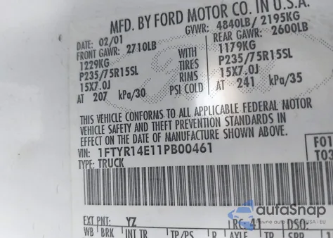 2001 Ford Ranger Edge/Xlt from USA, damaged, VIN 1FTYR14E11PB00461